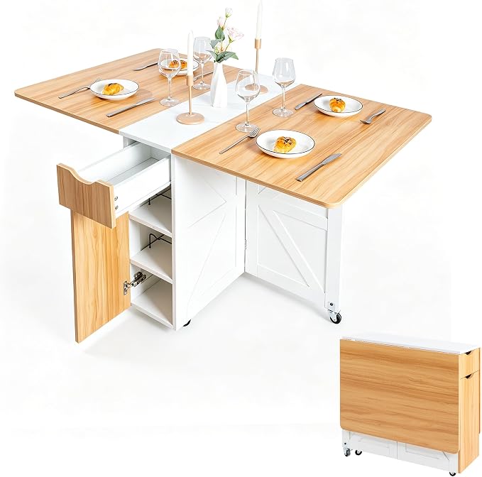 53“ Folding Dining Table Space Saving Foldable Dining Table with Drawer, Shelves and Wine Racks, Drop Leaf Table for Small Spaces, Extendable Folding Kitchen Table with Lockable Wheels