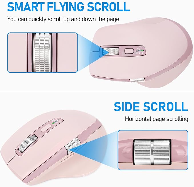 INFINMIND Wireless Bluetooth Side Scroll Mouse with Multi-Device, Ergonomic Computer Mice with Smart Flying Scroll, Quiet Click for Computer, Laptop, iPad, Tablet, MacBook (Pink)