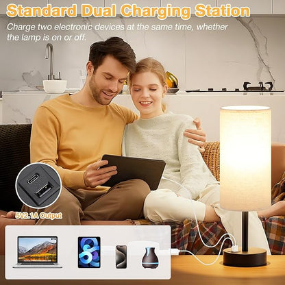 Dicoool Beige Touch Lamp for Bedroom with USB - 3 Way Dimmable Table Lamp for Nightstand, Small Lamp with Black Charging Station for Desk Dorm, Office, Nursery