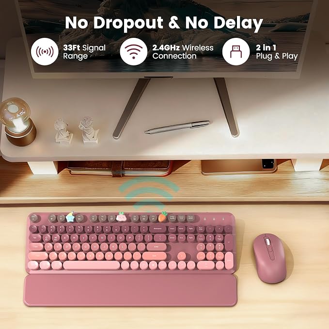 Wireless Keyboard and Mouse Combo, Cute Retro Typewriter Keyboard with Round Keycaps, Magnetic Wrist Rest, Full-Size Aesthetic Design, 2.4GHz Wireless for Mac, Windows PC, SABLUTE CK23, Pink Gradient