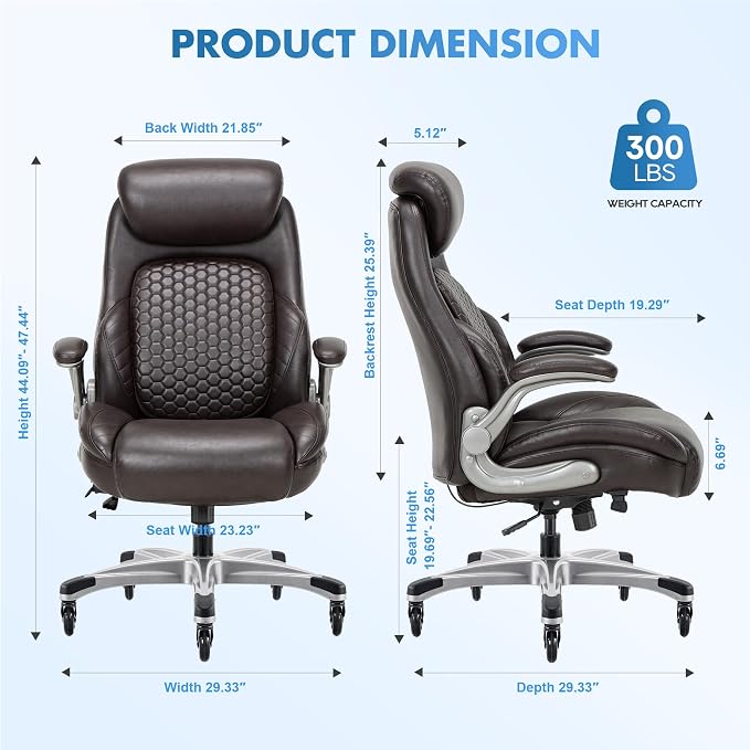 COLAMY Office Ergonomic Desk High Back Executive Chair with Pop-Out Lumbar Support, Upgraded Casters, Adjustable Headrest, Flip-Up Arms, Leather Home with Thick Cushion for Comfort - Brown