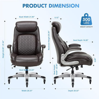 COLAMY Office Chair Ergonomic Desk High Back Executive Chair with Pop-Out Lumbar Support, Upgraded Casters, Adjustable Headrest, Flip-Up Arms, Leather Home with Thick Cushion for Comfort - Brown