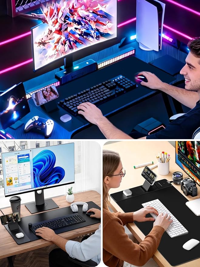 Wireless Charging Mouse Pad with Magnetic Phone Stand, 31.5"x15.8" Large | Waterproof Mousepad Desk Mat, Smooth Glide, Stitched Edge, Non-Slip Rubber Base, Computer Keyboard Mat, with Adapter