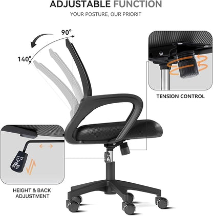 Office Chair, Ergonomic Mid-Back Mesh Desk Chair with Lumbar Support, Adjustable Height Computer Chair with Rolling Wheels Design,Comfy Armrest for Work, Study, Gaming, 6 Pack, Black