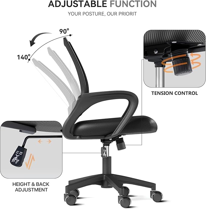 Ergonomic Office Chair, Mid-Back Mesh Desk Chair, Computer Chair, Black | Lumbar Support, Rocking Mode, Height Adjustable, Fixed Armrest, for Computer, Gaming, Conference, Meeting