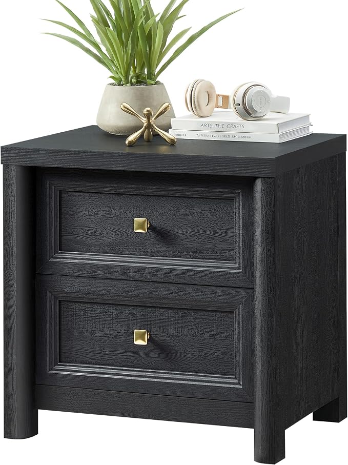 Standifurno Black Night Stand for Bedroom, Rustic Nightstand with 2 Drawers, Black and Gold Nightstand with Metal Knobs Farmhouse Wood Bedside Table End Table Living Room Sofa Side Table 22.8” Wide
