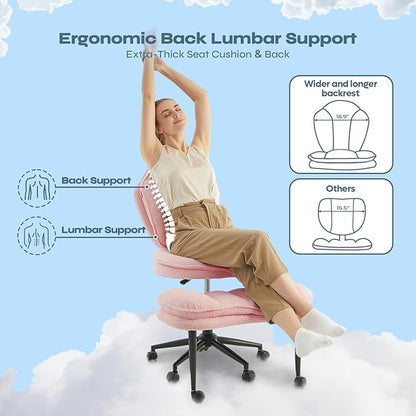 Pinmoco Ergonomic Cross Legged Office Chair for ADHD, Kneeling Chair with 360° Swivel Wheels and Reversible Seating for Meditation, Adjustable Height and Seat Deapth, Teddy Fabric, Pink