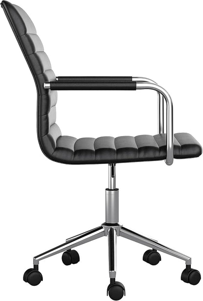 Martha Stewart Taytum Swivel Task Chair with Armrests for Home Office in Black Faux Leather with Polished Nickel Frame