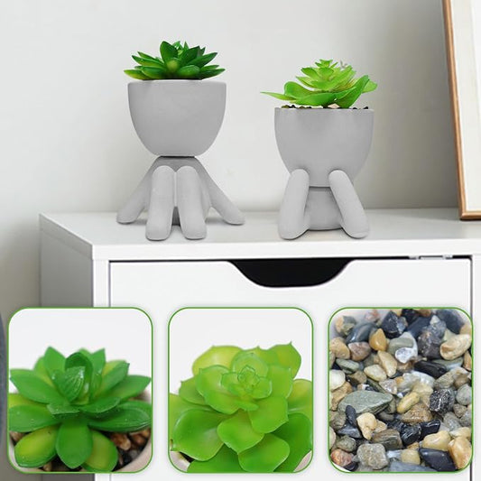 Zerzsy 2 Pack Artificial Plants Succulents with Creative Human Shaped Pots, Office Plant Cute Desk Decor for Women, Fake Succulent Decoration for Home Bathroom Shelf Decor (Grey)