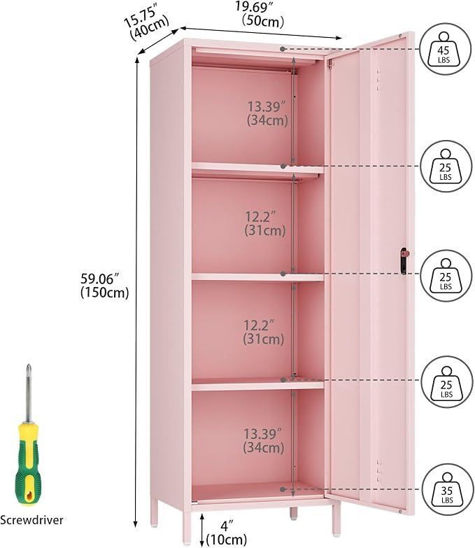 Steehoom Metal Storage Cabinet for Employees, Pink Locker, Lockable File Cabinet, Utility Tall Cabinet with 3 Shelves for Living Room, School, Office, Garage, Entryway (Pink, H59.06'')
