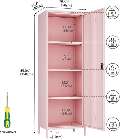 Steehoom Metal Storage Cabinet for Employees, Pink Locker, Lockable File Cabinet, Utility Tall Cabinet with 3 Shelves for Living Room, School, Office, Garage, Entryway (Pink, H59.06'')