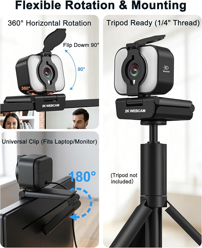 Atatat 2K Webcam for PC with Microphone & Light & Privacy Cover, Web Camera for Desktop/Laptop/Monitor/Mac, Autofocus USB Computer Camera for Zoom/Skype/Teams/Video Calling/Meeting/Streaming