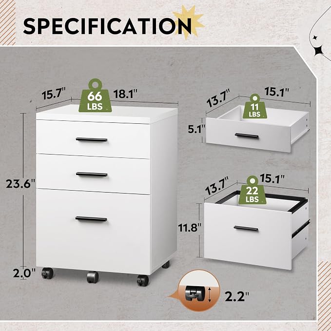 DEVAISE 3 Drawer File Cabinet for Home Office, Wood Under Desk Filing Cabinet, Rolling Printer Stand with Wheels, White