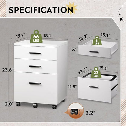 DEVAISE 3 Drawer File Cabinet for Home Office, Wood Under Desk Filing Cabinet, Rolling Printer Stand with Wheels, White