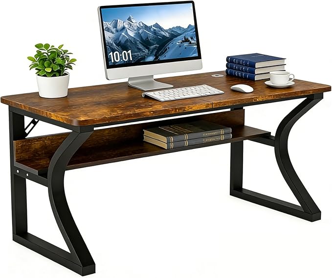 55 inch Computer Desk, Home Office Desk with Storage Shelf, Sturdy U-Shaped Metal Frame Study Table with Cable Management, Gaming Desk for Office & Bedroom (Rustic Brown, 55inch)