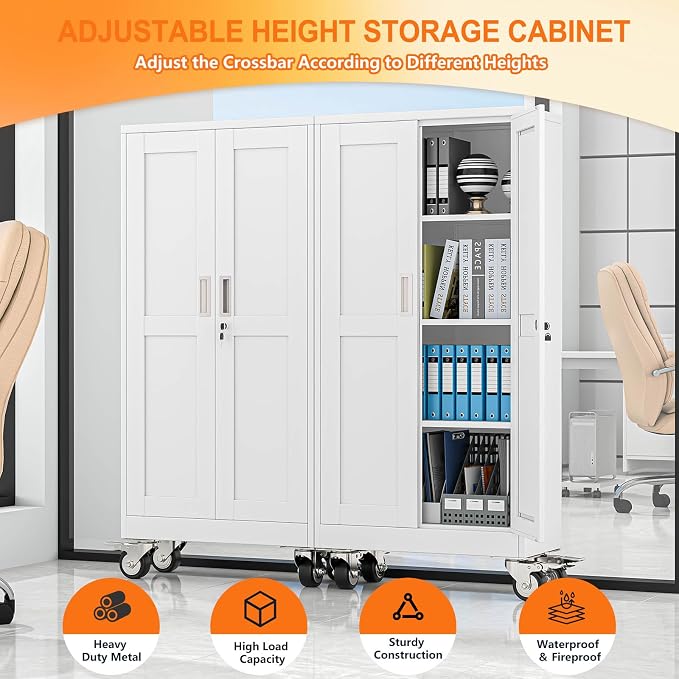 pozdeg 61" Metal Garage Storage Cabinets with Wheels, Lockable Rolling File Cabinets with 2 Doors and 3 Adjustable Shelves, Steel Tool Organizer Locker for Office Home Garage Gym School, White