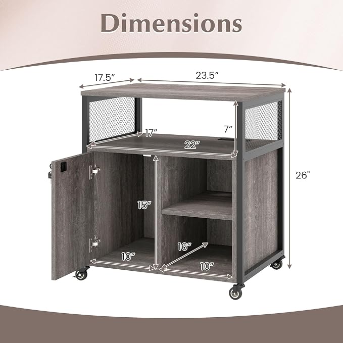 Giantex File Cabinet, Lateral Filing Cabinet with Lock, Wheels, Charging Station, Cable Hole, Lockable Side Cabinet, Adjustable Shelves, Metal Frame, Printer Stand for Home Office Small Space (Grey)