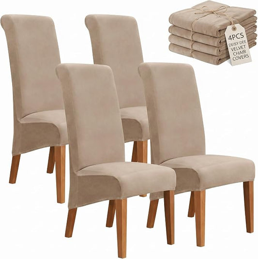Deisy Dee Stretch XL/Oversized Extra Large Velvet Dining Room Chair Covers for Kitchen Dining，Removable Washable Chair Protectors Slipcovers (Khaki, 4)