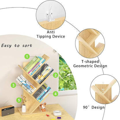 SHEEPAM 5 Tier Tree Book Shelf, Small Desktop Bookshelf with Storage Organizer, Wood Bookcase, Desk Display Bookshelves, Floor Standing Organizer Bookcases for Living Room,Bedroom,Office-Natural
