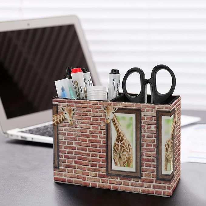 Pencil Holder for Desk, Curious Cute Giraffes Pen Holder Storage Desktop Pen Organizer Desk Pencil Organizer Makeup Brush Holder for Office School College Leather