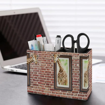 Pencil Holder for Desk, Curious Cute Giraffes Pen Holder Storage Desktop Pen Organizer Desk Pencil Organizer Makeup Brush Holder for Office School College Leather