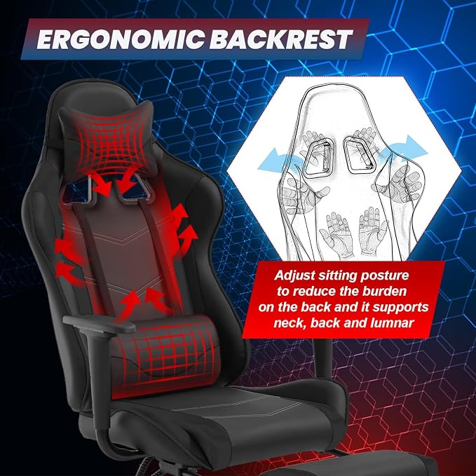 BestOffice | Ergonomic Gaming Chair | Dark Black | Reclining Computer Chair with Lumbar Support, Headrest Pillow, Adjustable Footrests | 360 Swivel with Heavy Duty Wheels | for Home & Office