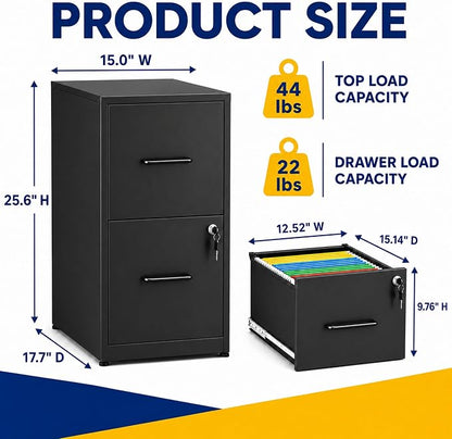 SAWJEC 2 Drawer File Cabinet with Lock, Small Metal Filing Cabinet for Home Office, Vertical Locking File Cabinet with Letter Size Hanging Files, Black, 25.6" H x 15.0" W x 17.7" D