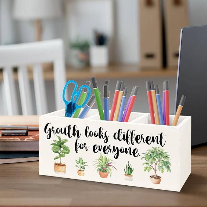 Growth Looks Different for Everyone Mental Health Growth Mindset Wooden Pen Pencil Holder for Classroom Therapy Office Desk Accessories, Back to School Supplies Gifts for Students