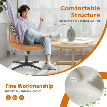 Sweetcrispy Criss Cross Chair Legged, Armless Office Swivel Desk Chair No Wheels, Vanity Height Adjustable Wide Seat Faux Leather Computer Task Seating for Home Bedroom