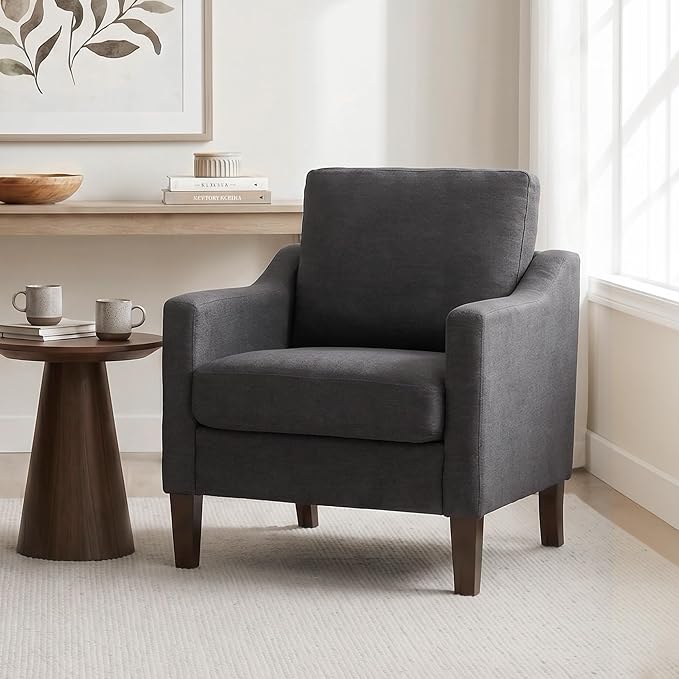 VKNOW Mid-Century Accent Chair, No Tools Assembly Required, Modern Upholstered Polyester Armchair for Living Room,Comfy Reading Accent Chairs with Wood Legs for Bedroom, Dark Grey