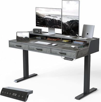 CubiCubi Standing Desk 55x26 Inches with 3 Wood Drawers and Monitor Shelf, Ergonomic Rising Home Office Desks, Height Adjustable Computer Desk, Sit Stand Up Electric Workstation Table, Antique Grey