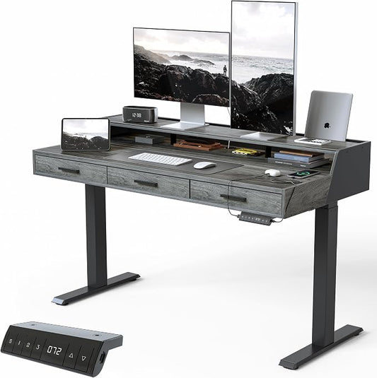 CubiCubi Standing Desk 55x26 Inches with 3 Wood Drawers and Monitor Shelf, Ergonomic Rising Home Office Desks, Height Adjustable Computer Desk, Sit Stand Up Electric Workstation Table, Antique Grey