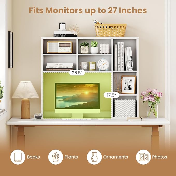 GOFLAME 7 Cubes Desktop Bookshelf, 37” Desk Organizer Shelf with 3 Adjustable Shelves, 3-Tier Wood Countertop Display Rack, Multipurpose Tabletop Desk Hutch for Dorm, Home Office, White