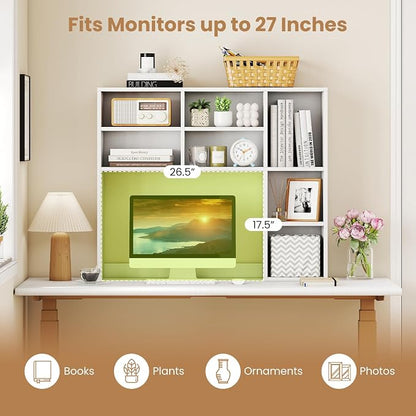 GOFLAME 7 Cubes Desktop Bookshelf, 37” Desk Organizer Shelf with 3 Adjustable Shelves, 3-Tier Wood Countertop Display Rack, Multipurpose Tabletop Desk Hutch for Dorm, Home Office, White