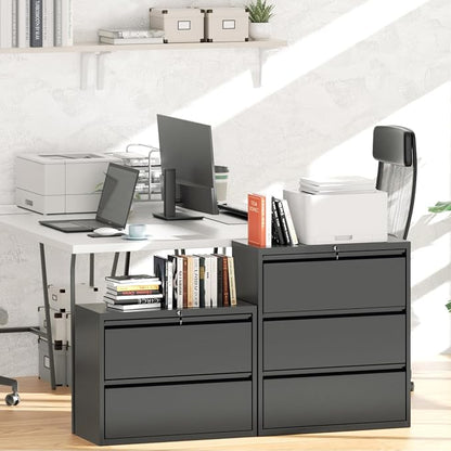 Greenvelly 2 Drawer File Cabinet, Black Lateral File Cabinet with Lock,Metal Filing Cabinet for Home Office, Lockable File Cabinets for Legal/Letter/A4/F4 Size with Hanging Files&Key