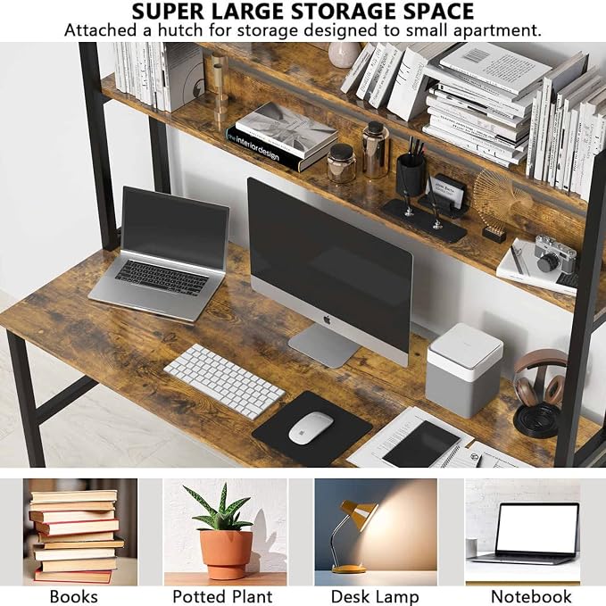 Aquzee Computer Desk with Hutch, 47“W x 23.6" D Desk with Shelves, Tall Home Office Desk with Bookshelf, Metal Legs Study Table with Upper Storage Shelf for Study Writing/Workstation