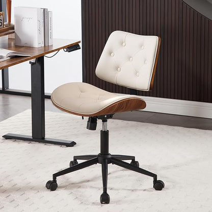 Armless Home Office Chair with Wheels, PU Leather Adjustable Height Computer Desk Chair, 360 Swivel Small No Arms Chair, Modern Button Walnut Style for Office, Reading Meeting Room(Beige)