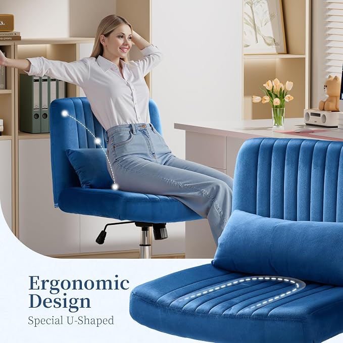 Warmiehomy Velvet Criss Cross Chair with Wheels, Cross Legged Office Chair, Comfy Desk Chair for Home Office, Ergonomic Computer Chair, Wide Seat Vanity Chair, for Adults, Royal Blue