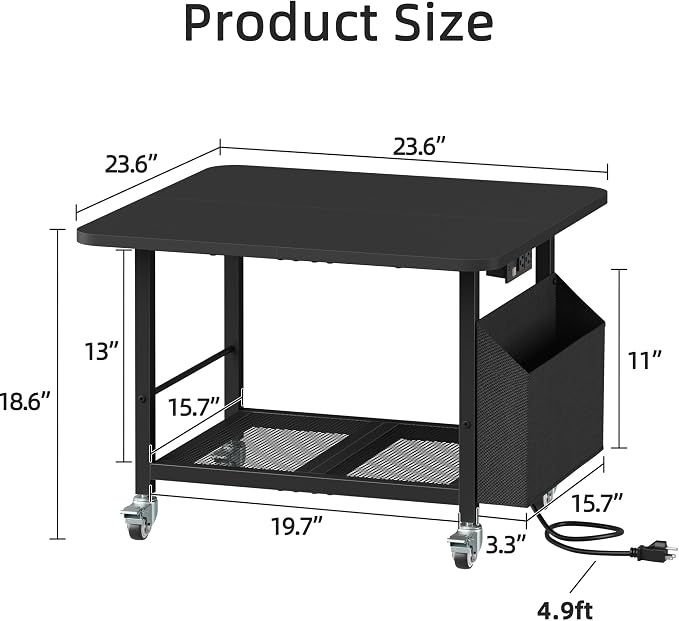 YAOHUOO 23.6"×23.6" Large Printer Stand with Power Outlet, Printer Table with Storage Side Pocket, Heavy Duty Rolling Cart for Home Office 3D Printer/Laser/Heat Press Table, Black