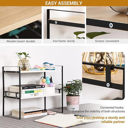 Desk Shelf Organizer for Top of Desk, Detachable 2 Tier Desktop Bookshelf, Wooden Desk Shelves Storage Rack, Small Desktop Shelf for Office Home Dorm, Tabletop Desk Organizer Stand (White+Black)