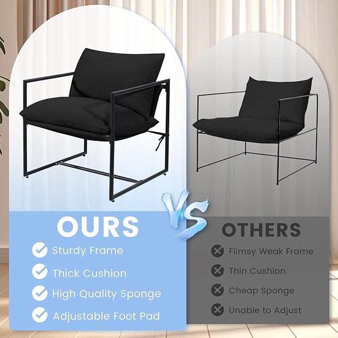 Kromax Sling Accent Chair, Set of 2, Cozy Living Room Chairs, Square Metal Frame, Upholstered Soft Cushion, Sponge, 28" x28“x32, Easy Assembly, Black