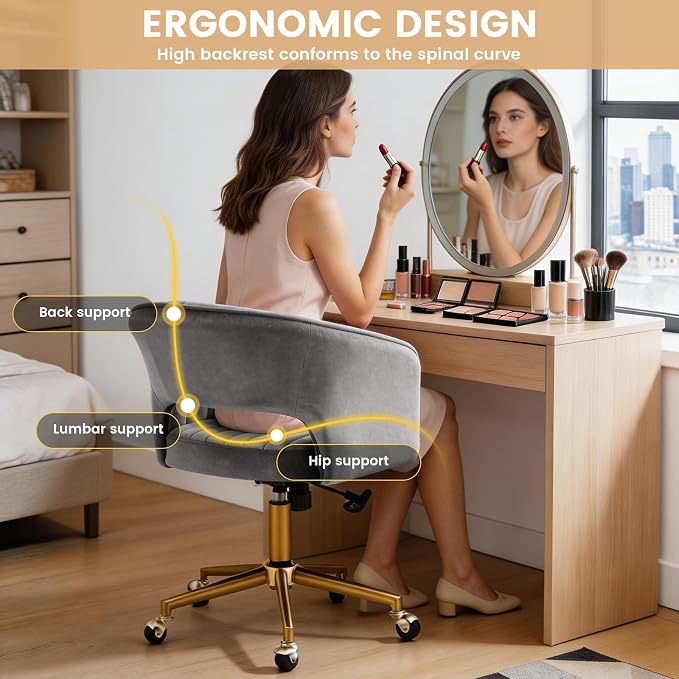 Vanity Chair with Back 360 Swivel Armchair and Gold Base, Criss Cross Chair with Wheels for Vanity Home Office, Living Room, Bedroom and Study (Grey)