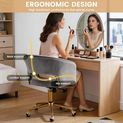 Vanity Chair with Back 360 Swivel Armchair and Gold Base, Criss Cross Chair with Wheels for Vanity Home Office, Living Room, Bedroom and Study (Grey)