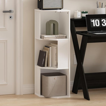 Furinno ECON Corner Shelf, 3-Tier Corner Book Shelf, Standing Storage Shelves, Cube Display Rack, Bookshelf, for Organization and Storage, Living Room, Home Office, Plain White