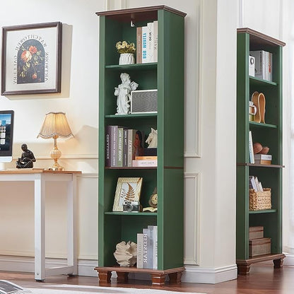 SAVOR LIFE Narrow Green Book Shelf, 70" Tall Skinny Bookshelf with Adjustable Shelves & Wooden Legs, Farmhouse Wood Bookcase w/5-Tier Open Storage, Free Standing Book Case for Office,Living Room,3PCS