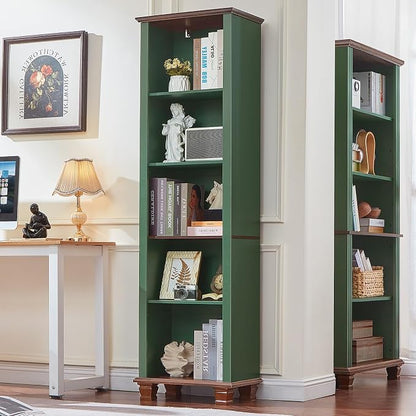 SAVOR LIFE Narrow Green Book Shelf, 70" Tall Skinny Bookshelf with Adjustable Shelves & Wooden Legs, Farmhouse Wood Bookcase w/5-Tier Open Storage, Free Standing Book Case for Office, Living Room