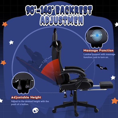 Dowinx Gaming Chair with Cat Ears and Massage Lumbar Support, Ergonomic Computer Chair with Footrest and Headrest, Comfortable Reclining Game Chair 290lbs for Adults, Black