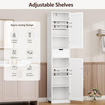 Iwell 67" Tall Bathroom Cabinet, Storage Cabinet with 2 Doors & 1 Drawer, Bathroom Storage Cabinets with Adjustable Shelves, for Living Room, Entryway, Home Office, White