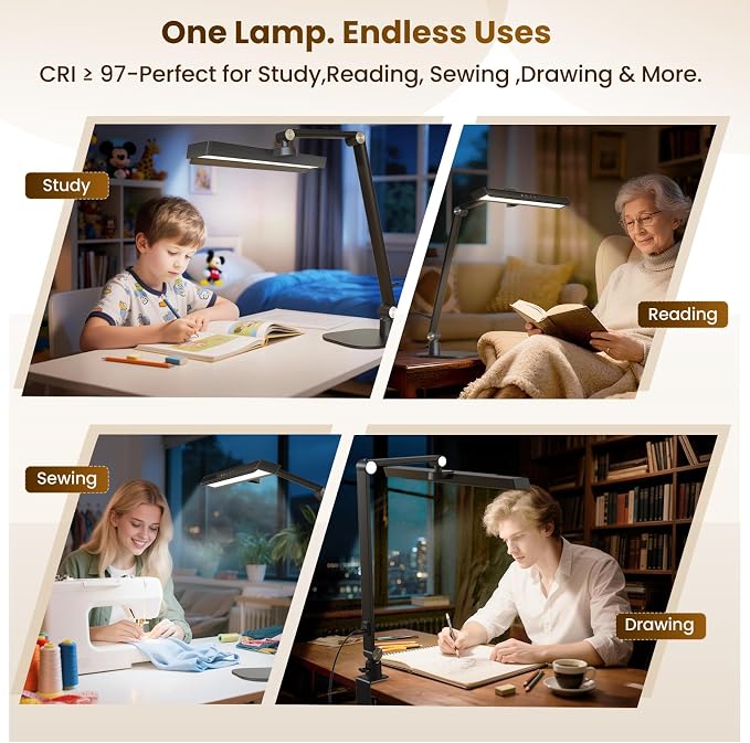 LIONVISON Desk Lamps for Home Office: 2-in-1 LED Eye-Caring Table Light | CRI >97 84 LED Beads - 5 Color Modes 10 Brightness - Adjustable Swing Arm Computer Office Lamp with Timer and Memory