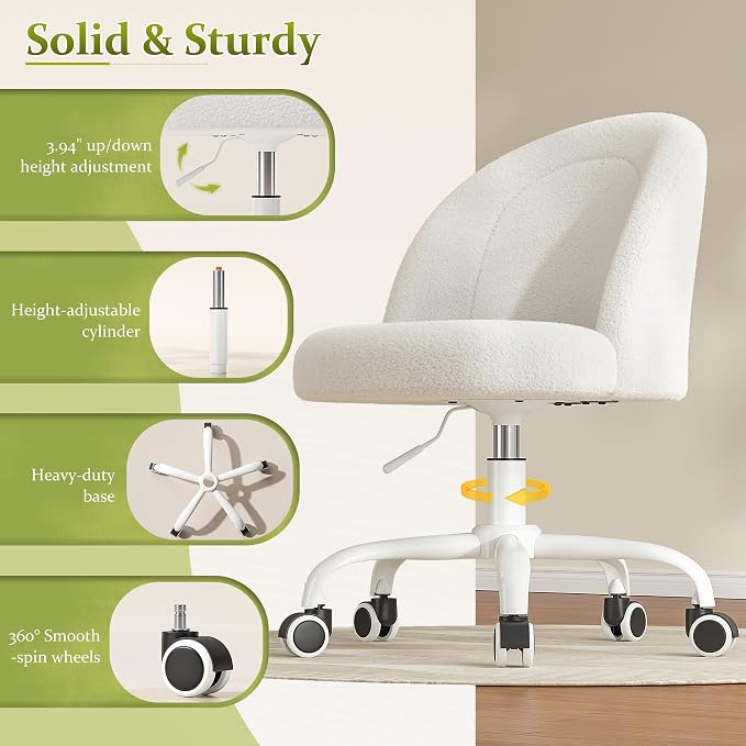 DurayLoly White Vanity Chair with Wheels, Cute Desk Chair with Back, Armless Chair with Height Adjustable & 360° Swivel, Soft Lumbar Support for Small Space, Bedroom